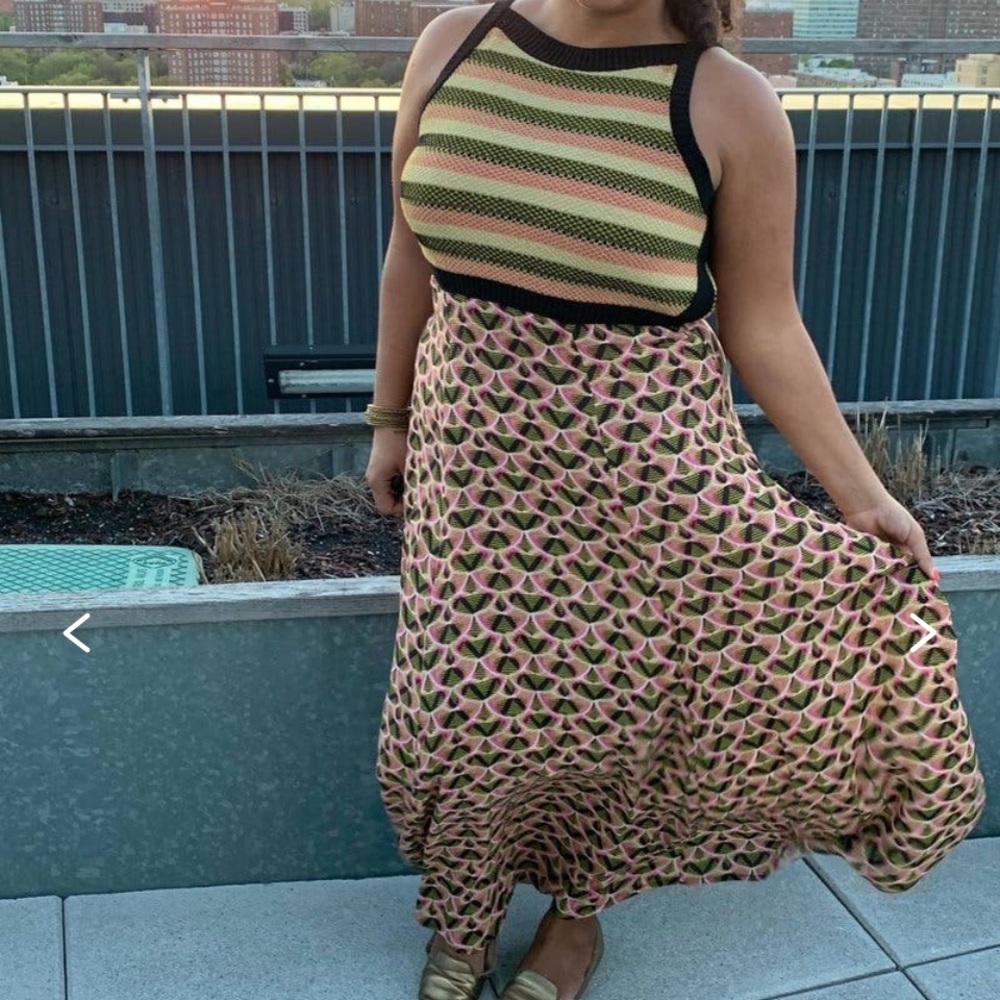 Anthropologie Pink Green Patterned Midi Skirt